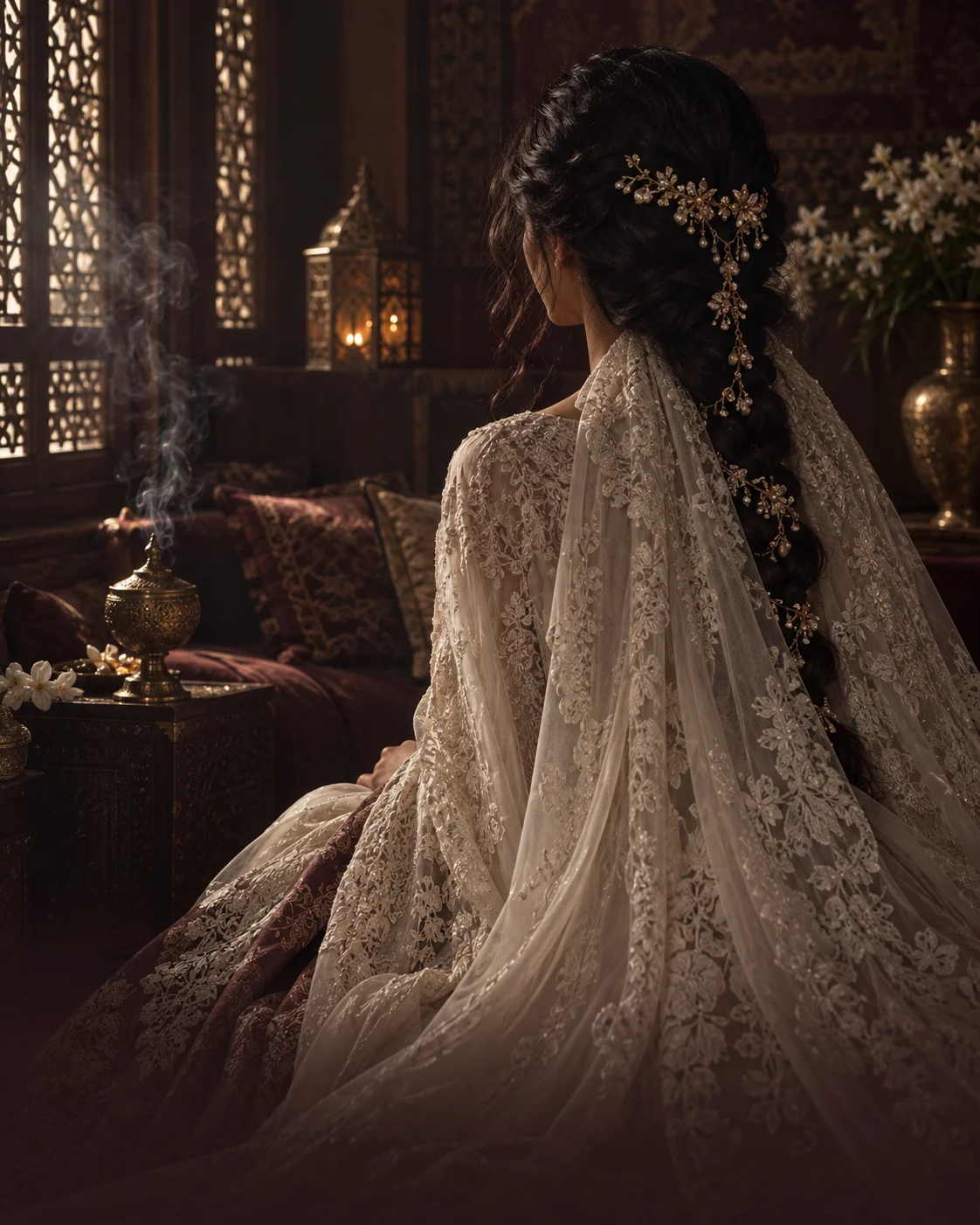 Bridal hair, ivory lace and Saudi bukhoor