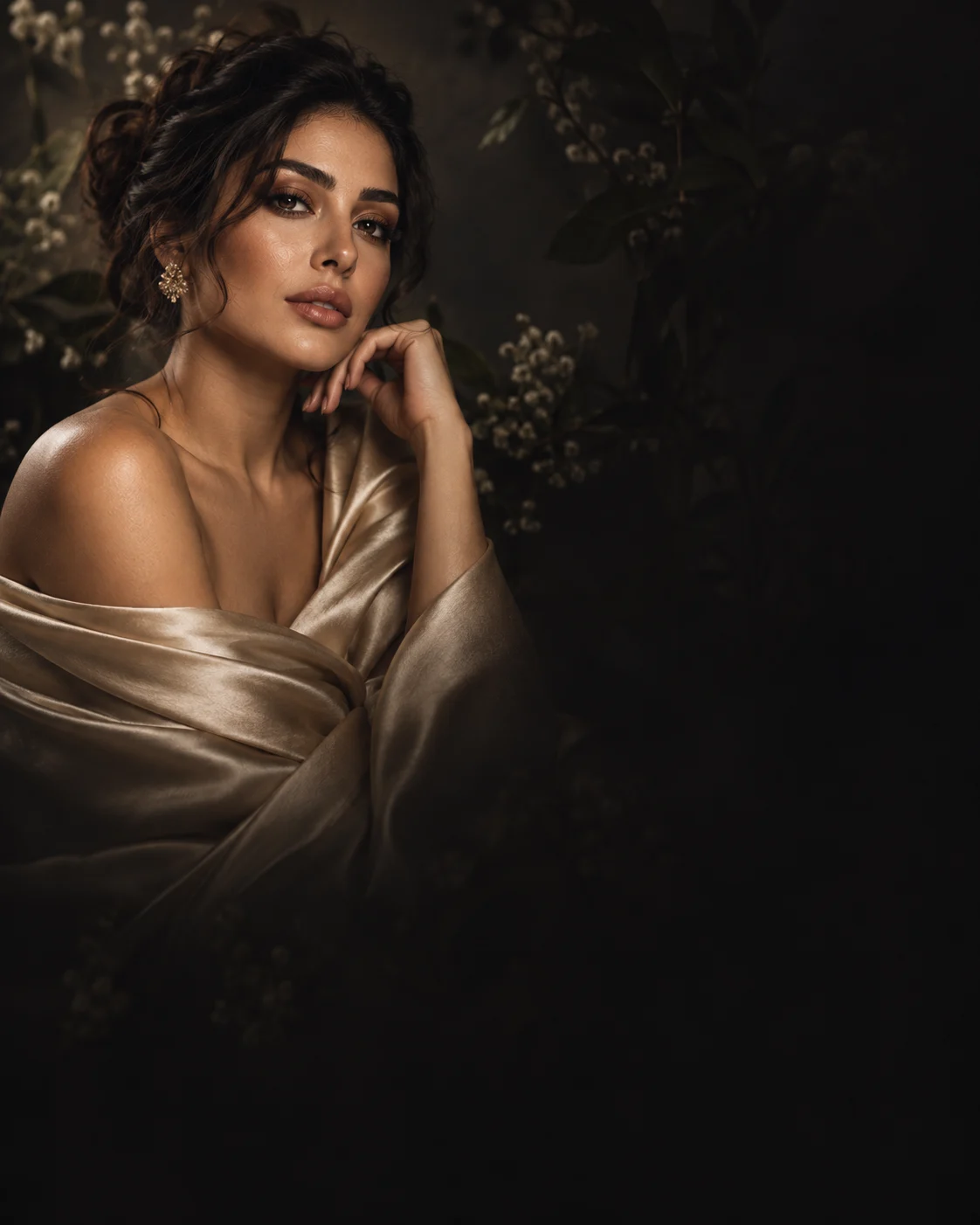 Beauty portrait with warm makeup and flowing hair